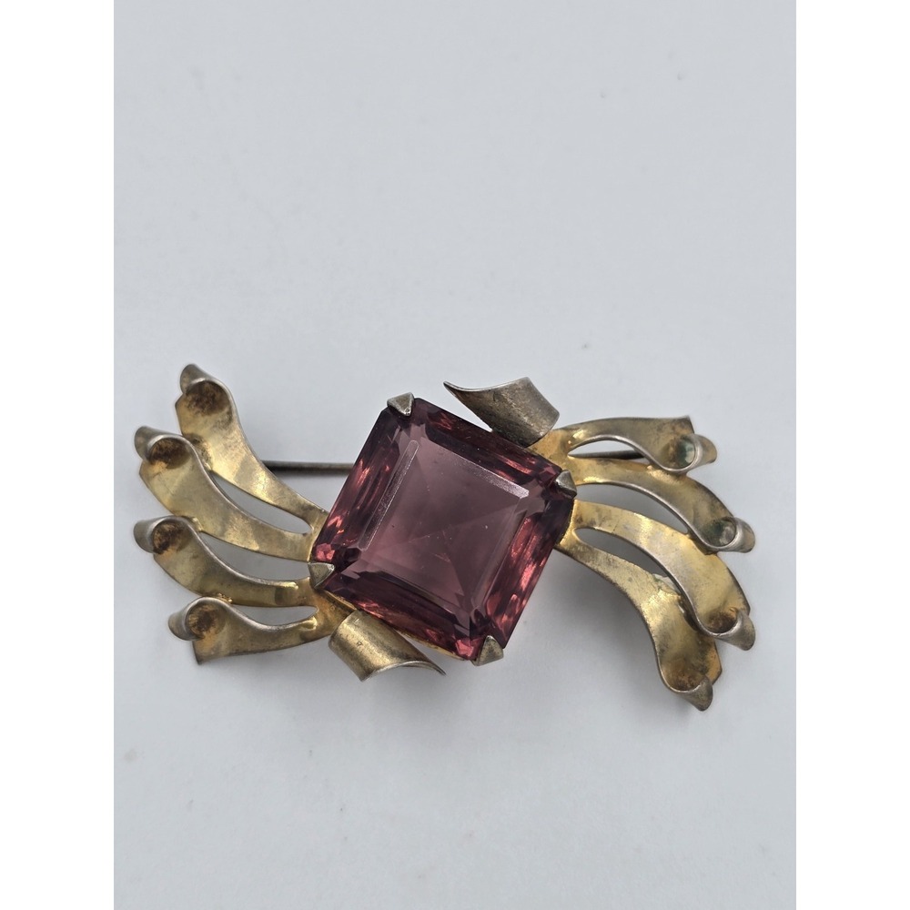 Vintage Sterling Gold Tone Purple Faceted Glass Brooch Pin Art Deco - Picture 2 of 14